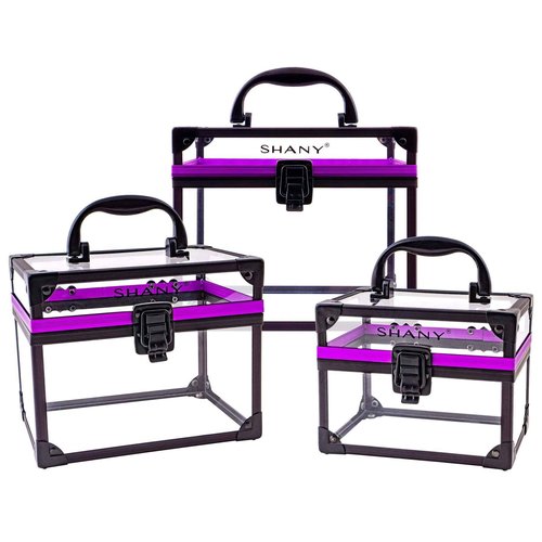 SHANY Clear Cosmetics and Toiletry Train Case - Clear Travel Makeup Bag Case Organizer with Secure Closure and Black/Purple Accents - 3PC Set