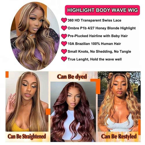studyy Highlight Ombre 360 Body Wave Lace Front Wigs Human Hair Pre Plucked with Baby Hair Honey Blonde 360 HD Lace Frontal Wigs Full Lace for Women 20inch