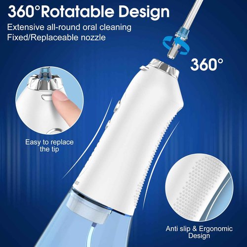 H2ofloss Water Dental Flosser Portable Dental Oral Irrigator with 5 Modes, 6 Replaceable Jet Tips, Rechargeable IPX7 Waterproof Teeth Cleaner for Home and Travel -300ml Detachable Reservoir (HF-6)