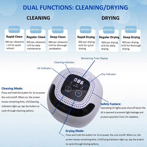 2025 Upgraded Ultrasonic Retainer Cleaner with Dryer Fan, 45kHz UV Ultrasonic Dental Cleaning Pod, Retainer Cleaner Machine for Dentures, Aligners, Mouth, Night Guards & Jewelry (White)