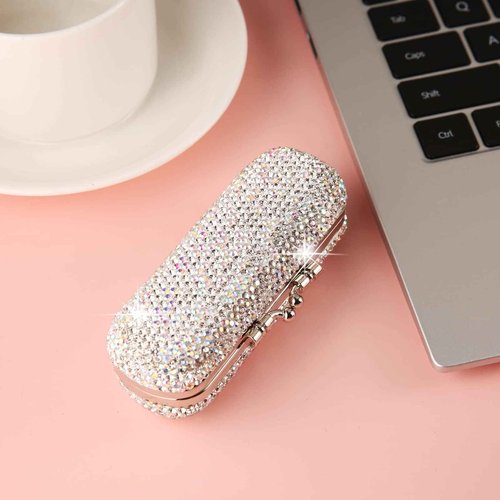 AsAlways Shiny Rhinestone Crystal Portable Lipstick Case with Mirror Portable Bling Diamonds Makeup Cosmetic Storage Holder for Travel Ladies Fashion (Silver)