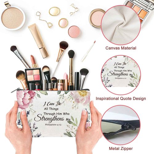 twinklemon 24PCS Christian Canvas Makeup Bags Bulk Inspirational Cosmetic Bags for Women Bible Verse Canvas Zipper Pouch Bulk Religious Makeup Organizer Bags Christian Gifts for Women(Flower)