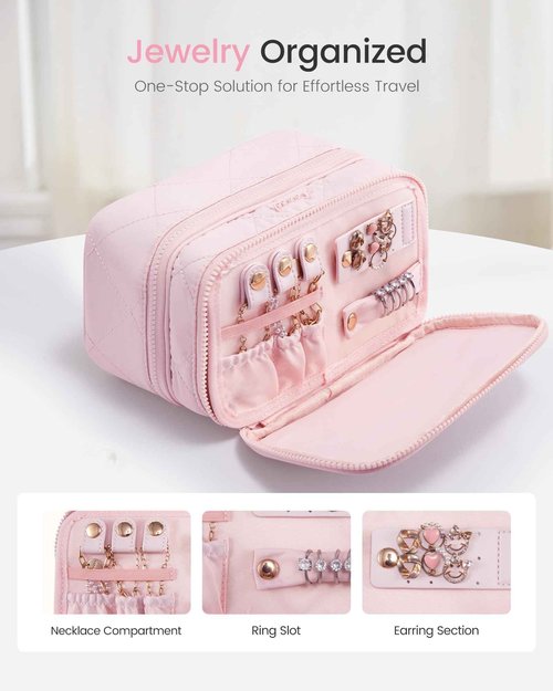 LOVEVOOK Travel Makeup Bag,Large Open Flat Tolietry Bag for Women,Waterproof Portable Cosmetic Pouch,Double Layer Quilted Makeup Bag Organizer With Handle,Travel Essentials,Gift for Her