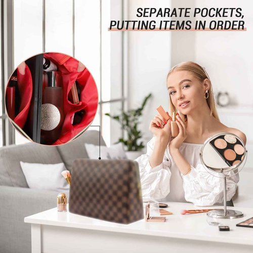 Butofinus Checkered Makeup Bag, Portable Leather Cosmetic Bag, 2 Pcs Waterproof Travel Toiletry Bag for Women