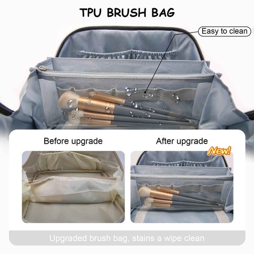 BOYATU Travel Makeup Bags for Women: Large Cosmetic Bag - Vegan Leather Make up Bags Set of 3 - Protable Toiletry Bag Compact Organizer with Compartments (L09 Beige)