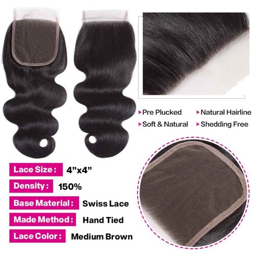 DreamPack Bundles with Closure Human Hair Body Wave Bundles Human Hair with 4x4 Lace Closure 100% Unprocessed Virgin Hair Extensions Natural Color (10" 10" 10" + 8" closure)