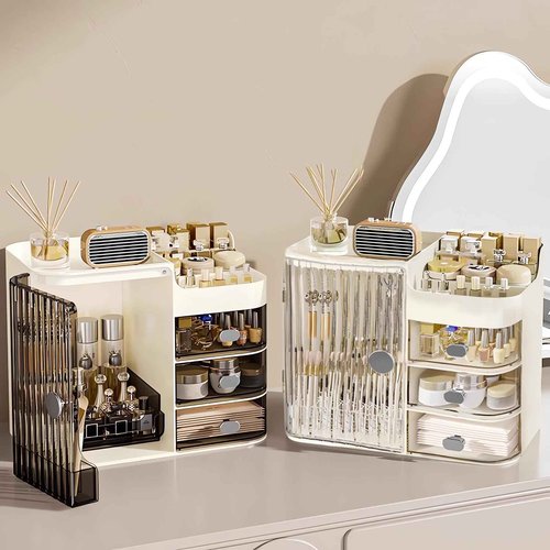 DASITON Makeup Organizer for Vanity,Large Capacity Makeup Storage Organizer with 3-Layer Drawers and Mirror,Cosmetics Display Case Make up Organizers for Vanity,Bedroom,Countertop(Clear-Cream)