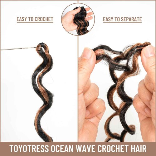 ToyoTress Ocean Wave Crochet Hair - 9 Inch 8 Packs Black Mix Brown Highlight Short Curly Hair Ocean Wave Braiding Hair, Synthetic Hair Extensions (9 Inch, P1B/30-8P)