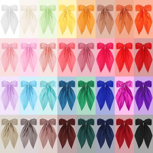 LIUBUJINGYING 32Pcs Satin Hair Bows Bulk Big Hair Bows for Women Large Hair Ribbons Silky Satin Oversized Hair Bows Long Tail Large Hair Barrettes Hair Cute Oversized Bow Hair Clips with Long Tails