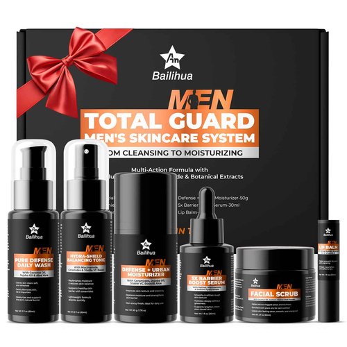 Gift for Men Skincare Skin Care Set for Men Him Complete Routine Kit with Niacinamide & Ceramides - Face Cleanser, Scrub, Toner, Serum, Moisturizer Cream, Lip Balm - Christmas, Father’s Day Gifts