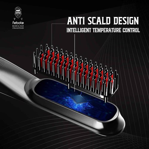FEBOTE Heated Ionic Hair Straightening Brush for Men - 5 Temperature Settings, Anti-Scald, Beard Shaper & Travel Bag
