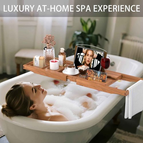 Premium Teak Bathtub Tray Caddy, Expandable Wooden Bath Tray for Tub,Luxury Bathroom Accessories,Great House Warming, Anniversary & Wedding and Birthday Gifts