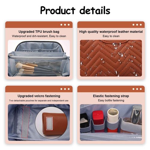 Travel Makeup Bags Cosmetic Organizer Bag: Quilted Make up Bag Set of 3 - PU Leather Toiletry Bags for Women - Portable Makeup Organizer with Compartments & Handle & Divider(14 Brown)