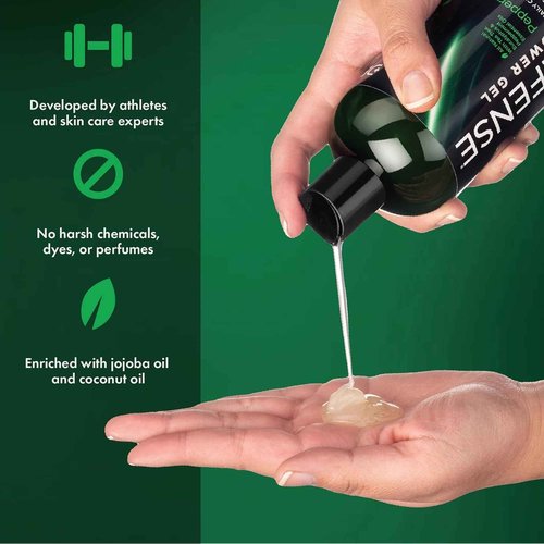 Defense Soap Peppermint Body Wash 32 oz with Tea Tree & Eucalyptus Oils + Silicone Body Scrubber & Shower Hook | Natural Antifungal Shower Gel & Exfoliating Set for Athletes and Active Lifestyles