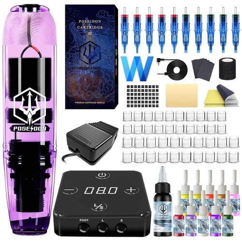 POSEIDON Tattoo Gun Kit Rotary Tattoo Pen Kit with 10 PCS Tattoo Cartridge Needles Professional Tattoo Machine Kit with Power Supply 11 Color Tattoo Inks with Foot Pedal Tattoo Kit for Artists