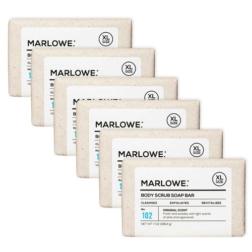 MARLOWE. No. 102 Body Scrub Soap 7 oz (6 Bars) Exfoliating Soap Bar with Shea Butter, Olive Oil & Green Tea, Cleanses & Smooths, Sage & Fir Scent