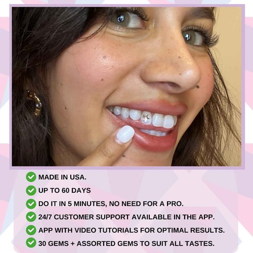 Tooth Gem Kit Professional for Beginners and Pros - Tooth Gems Video APP for Best Designs, Teeth Gems Kit with Glue and Light - Over 30 Gems & Shapes - Made in USA