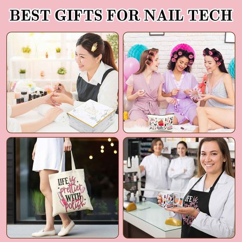 Coume 7 Pcs Nail Tech Gift Set for Women Adjustable Manicurist Apron Tote Bag Makeup Bag Mugs Scissors Charm Keychain Nails Hair Clips and Box for Female Inspirational Appreciation Gifts