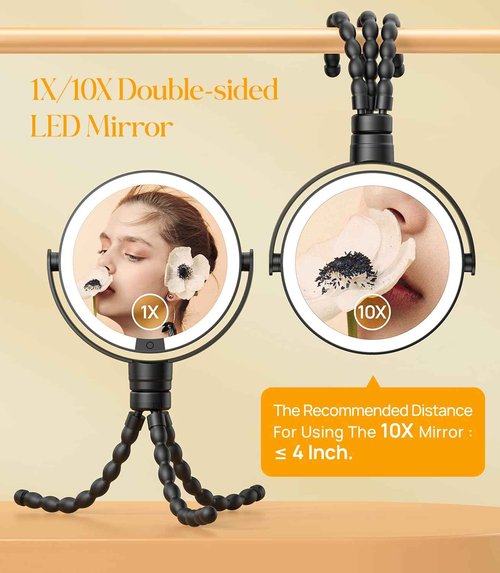 Gospire 5.85” Tripod Travel Makeup Mirror with Lights and Magnification 1X/10X, 4 in 1 Winding Hanging Handheld Tabletop, 3 Light Colors and Adjustable Brightness – Black