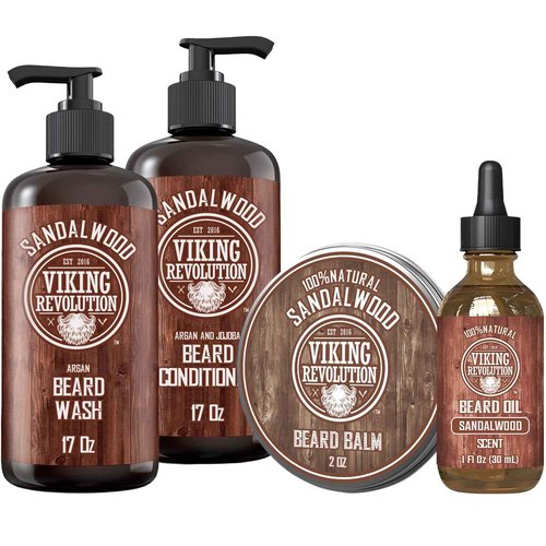 Viking Revolution Sandalwood Beard Wash and Beard Conditioner for Men (17 Oz each), Sandalwood Beard Balm (2 Oz) and Beard Oil (1 Fl Oz) - Beard Care Softener and Strengthener