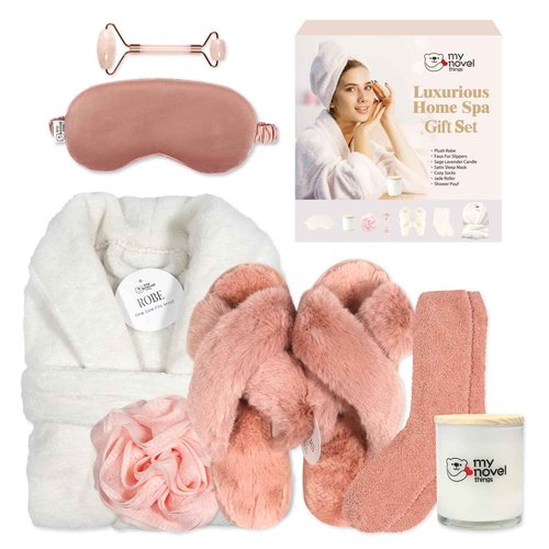 My Novel Things Birthday Gifts For Women, Bathrobe Set With Silky Satin Sleep Mask, Spa Robe and Slippers set, Scented Candle Self Care 7 Pack Set Suitable For Christmas Thanksgiven Day Red