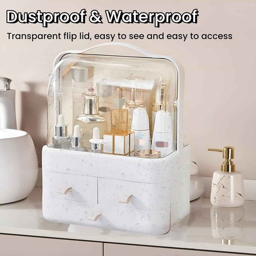 Makeup Organizer and Storage for Vanity with Lid and Drawers, Waterproof and Dustproof Portable Skincare Cosmetics Boxes, Makeup Caddy Holder for Vanity Countertop, Bathroom, Dresser-All White