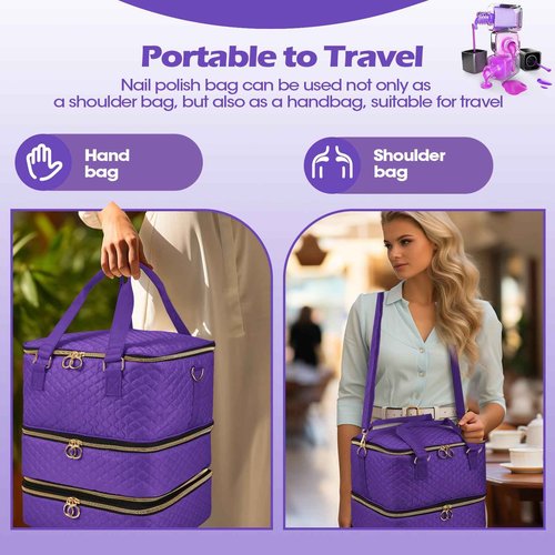 Cheungren Nail Polish Organizer Case - Three Layer Nail Polish Storage Bag with Adjustable Dividers Holds 84 Bottles Nail Polish Nail Lamp Nail Kit Supplies Organizer Box - Purple