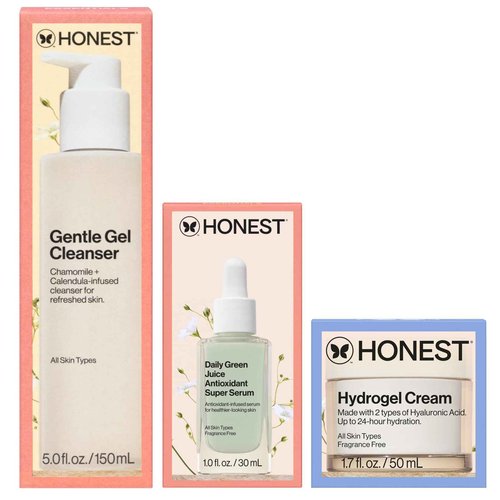 Honest Beauty Everyday Moisturizing Trio | Gentle Gel Cleanser, Green Juice Antioxidant Serum, Hydrogel Cream | 3-Step Routine | Vegan + Gentle for Sensitive Skin