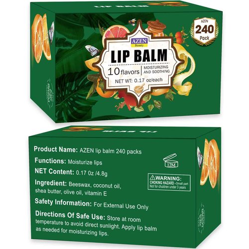 AZEN 240 Pack Lip Balm, Natural Lip Balm Bulk, Lip Care Product, Christmas Stocking Stuffers, Christmas Gifts for Women Girls - 10 Flavors