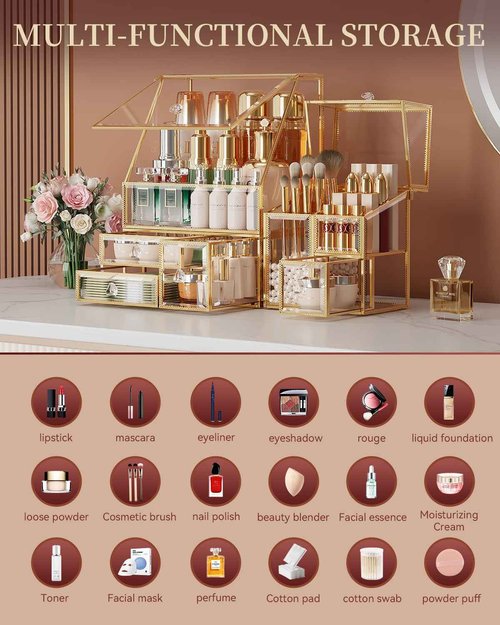 CoralHouse Clear Makeup Organizer with Gold Frame – Countertop Vanity Organizer for Skincare, Lipsticks, Perfume & Brushes – Bathroom Cosmetic Storage Display Box