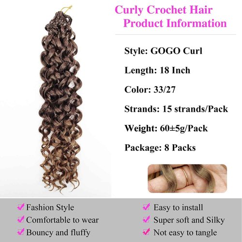 18 Inch Pre Looped Crochet Hair for Black Women - Gogo Curl/Beach Curl/Ocean/Water/Deep Wave Crochet Hair 8 Packs, Synthetic Hair Tangle-Free Natural Look Curly Hair Extensions (33/27)