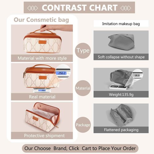 Brown PU Leather Travel Makeup Bag with Dividers,Handle, and Wipe-clean Brush Compartment, Waterproof Large Checkered Travel Cosmetic Bag, Portable Open Flat Toiletry Bag for Women,Brown