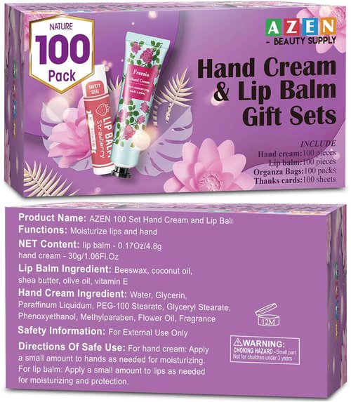 AZEN 100 Sets Bulk Gifts, Hand Cream and Lip Balm Bulk Set with Organza Bag Thank You Card, Baby Shower Wedding Gifts for Guests, Bridal Wedding Favors for Guests, Thank You Gifts for Women