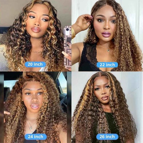 Alidiamond 16Inch Highlighted Deep wave Lace Front Wig Human Hair Honey Blonde Highlight Deep Wave Wigs Human Hair 4/27 Curly Highlighted Wig for Black Women Pre-Plucked 180% Ombre Curly Wigs Glueless