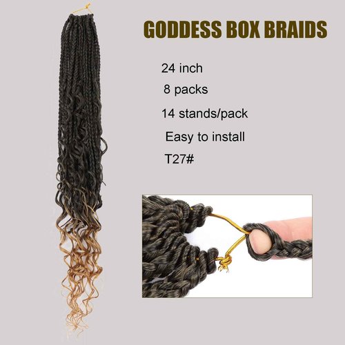 Goddess Box Braids Crochet Hair - 24 Inch Boho Box Braids 8 Packs Bohemian Box Braids Pre-looped Boho Crochet Braids with Curly Ends Synthetic Crochet Box Braids Hair for Black Women T27#