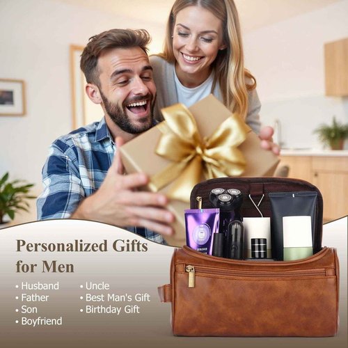OXYEFEI Personalized Toiletry Bag for Men,Personalized Gifts for Men,Engraved Initial PU Leather Mens Toiletry Travel Shaving Travel Essentials Toiletries Bag for Him Birthday (H, Brown)