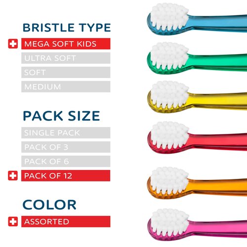 TELLO 10400 Kids Mega Soft Toothbrush for Gentle Cleaning with Ergonomic Handle, Made in Switzerland, Colors Vary, 12-Pack