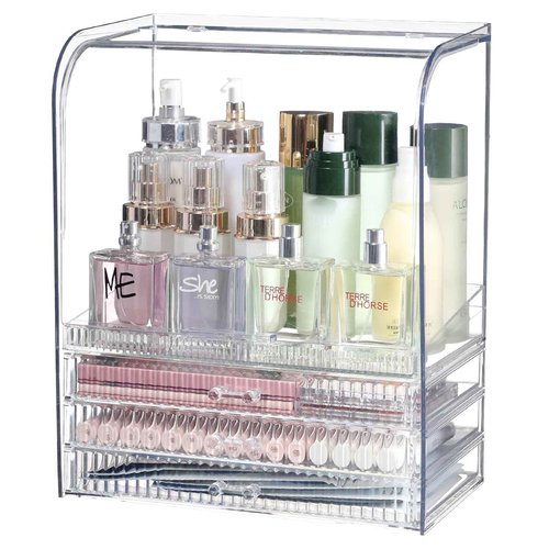 Clear Acrylic Makeup Organizer for Vanity With Lid,Large Capacity Bathroom Countertop Organizer and Storage With 3 Drawers,Dustproof Cosmetics Organizer for Cologne Perfume,Beauty,Skincare Container