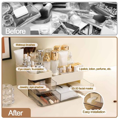 DASITON Makeup Organizer with 3 Drawers,Skincare and Cosmetics Organizer Countertop,Makeup Organizers and Storage with Brush Holder,Large Cosmetic Display Case for Vanity,Desk,Bathroom,Bedroom(Cream)