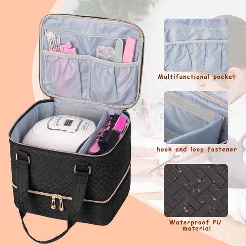 KGMCARE Nail Polish Organizer, Double Layer Storage Bag Gel Nail Polish Carrying Case Holds 42 Bottles with Nail Dryer Lamp Portable Manicure kit supplies Organizer (quilted)