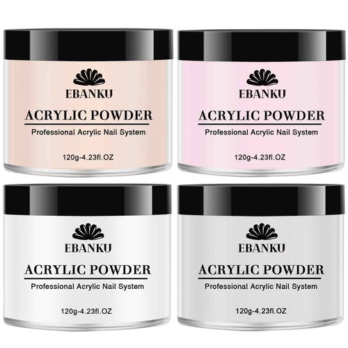 EBANKU 4 Colors Acrylic Powder Set Nude Pink White Clear Acrylic Nail Powder Acrylic Powder for Acrylic Nail Extension Nail Carving, Long-Lasting, No Nail Lamp Needed, Large Capacity 4.23oz*4