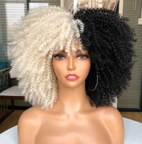 CURLCRAZY Curly Wig with Bangs for Black Women Short Kinky Curly Wig 14inch Afro Hair Halloween Party Christmas Cosplay Wigs (F1B/60)