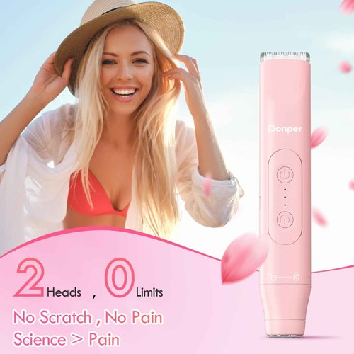 Donper Bikini Trimmer for Women, 2 in 1 Electric Razors for Shower&Travel, IPX7 Waterproof Pubic Hair Remover for Underarm, Legs & Bikini Area, Painless Razor,Hypoallergenic Foil & Ceramic Blades
