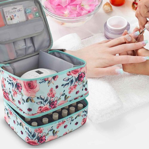 Buruis Double-Layer Nail Polish Organizer Bag, Holds 27 Bottles (15ML/0.5 FL.OZ or Larger), Nail Tools & Dryer Storage Case with Adjustable Dividers (Aqua Floral)
