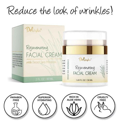 Deluvia Rejuvenating Facial Cream | Organic Aloe Vera, Coconut Oil, Vitamin C + E | Dead Sea Minerals | Daily Face Lotion for Dry Skin, Sensitive Skin