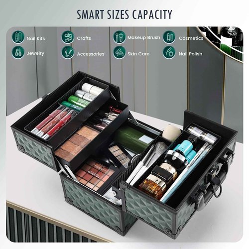 FRENESSA Makeup Case Makeup Box Cosmetic Train Cases Portable Make Up Artist Travel Case Storage Box 4 Trays with Dividers Lockable Hard Makeup Box Craft Nail Kits Case Drak Green