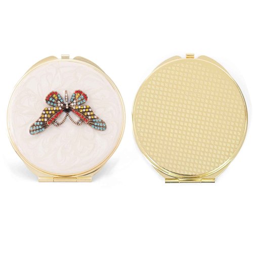 Cottage Garden Hand Painted Golden Metal Enamel Ornamental Vintage Hinged Lid Personal 3 Inch Makeup Beauty Double Sided Compact Travel Mirror with Bejeweled Crystals, Butterfly