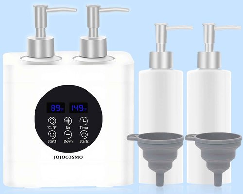 JOJOCOSMO New Dual Control Massage Oil Warmer with Four Body Liquid Bottle Dispensers, Shampoo Heater Form 86 to 149 ℉, Reserve Heating time, for Salon, Home,SPA Essential Oil Lotion Warmer