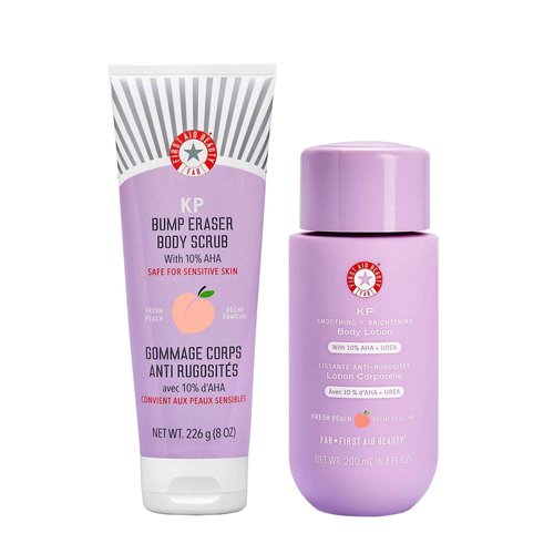 First Aid Beauty Peachy Smooth Duo: KP Bump Eraser Scrub & Smoothing + Brightening Lotion with 10% AHA, Daily Exfoliating Keratosis Pilaris Bundle to Reduce Bumps, Peach (8 oz Scrub, 6.7 oz Lotion)