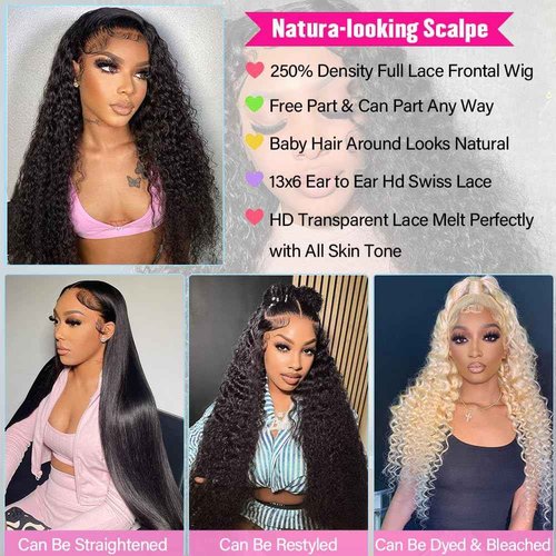 KRKRYQ 22 Inch 13x6 Deep Wave Lace Front Wigs Human Hair 250% Density 13x6 HD Lace Frontal Wigs Human Hair Pre Plucked Deep Curly Glueless Wig Brazilian Virgin Human Hair for Women Natural Color
